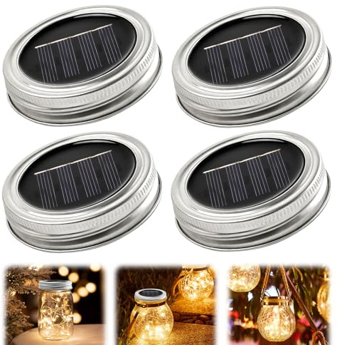 4 Stück 7cm Solar Einmachglas Edelstahl Deckel, Warmweißes LED Licht, Solarleuchte, für Gartendeko und Außenbeleuchtung