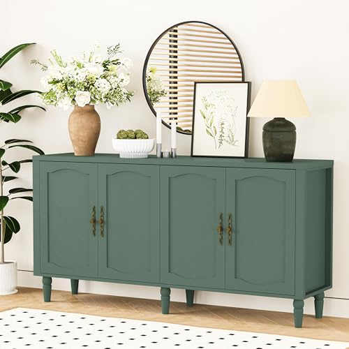 AMLANCHER Sideboard 160cm Küchenschrank mit Arbeitsplatte und 4 Türen | Vintage Buffetschrank in Waldgrün, verstellbare Ablagen, Kippsicherung für Wohnzimmer & Küche