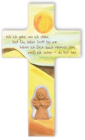 Fritz Cox Holzkreuz für Kinder mir Engelgebet - Kinderkreuz mit Engel - 'Wo Ich Gehe, Wo Ich Stehe' Spruch - Holzkreuz mit Engel in Terrakotta - 20cm - Taufgeschenk oder Geschenk für Kinderzimmer