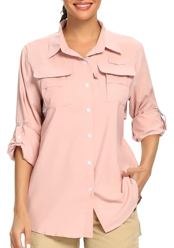 Jessie Kidden Womens Safari Shirts Sun Protection Sun Clothes for Women Outdoor Quick Dry Fishing Hiking Gardening Shirts (5055 Pink M)
