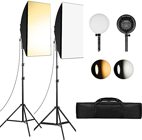 Andoer Softbox Kit de Fotografía Estudio, con 2 Softbox de 20x 28in, 2 Luz LED Regulable de Temperatura de Doble Color 80W 3200K/5500K para Foto Retrato Estudio Video Producto Fotografía Youtube
