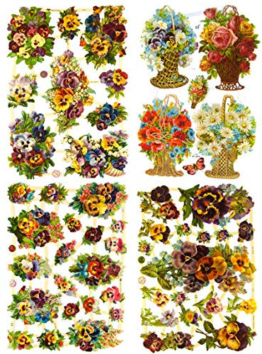 Glanzbilder Stiefmütterchen Blumen Motiv Set aus 4 verschiedenen Oblaten Papierbögen zum Basteln und Verzieren