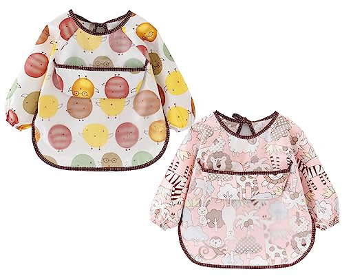 atopo 2 Stück Baby Lätzchen mit Langen Ärmeln Wasserdicht Baby Fütterung Ärmellätzchen Waschbare Baumwolle Baby Schürze für 6-36 Monate Kinder Essen Malen und Spielen