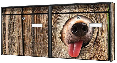 banjado Briefkastenanlage 2 Fach - 2 Briefkästen 72x32x10cm groß - Doppelbriefkasten Set - Namensschild, 2 Schlüssel, Montagematerial - Stahl verzinkt schwarz - Motiv Rumschnüffeln