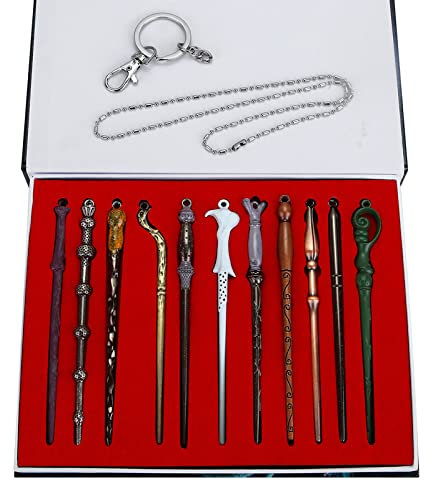 HCSUI Magic Zauberstab Ketten Set Hermine Dumbledore Metall Cosplay Spielzeug für Fans Zauberer Zauberstäbe Stick mit Schlüsselbund und Halskette in Einem Geschenkkarton