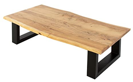 SAM Couchtisch 115 x 60 cm Spooner, echte Baumkante, Akazienholz naturfarben, massiver Sofatisch, Beistelltisch mit U-Metallgestell Mattschwarz, pflegeleichtes Unikat