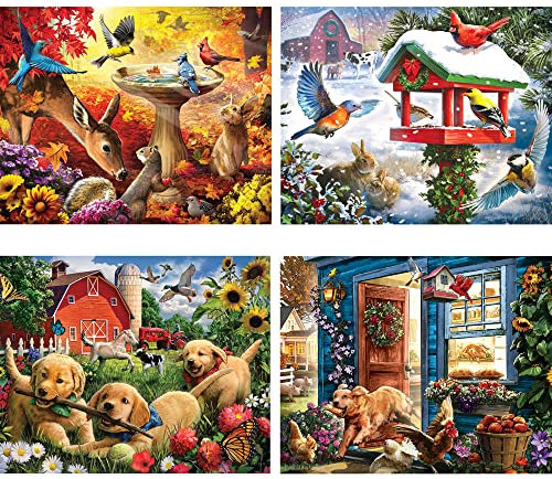 Bits and Pieces - Country Living 4-in-1 Multi-Pack Puzzle Set - 300 Piece Jigsaw Puzzles for Adults - Each Puzzle Measures 16 x 20 -Country Scene Jigsaw by Artist Larry Jones