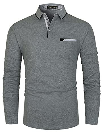 GHYUGR Men's Polo Shirt Long Sleeve Contrasting Colors Golf Tennis T-Shirt,Grey 1,M