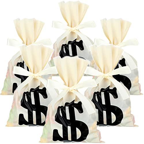 Tinlade 60-Piece Money Treat Bags, Dollar Sign Party Favor, 9 x 6 Inch, Beige Ribbon, Birthday Occasion