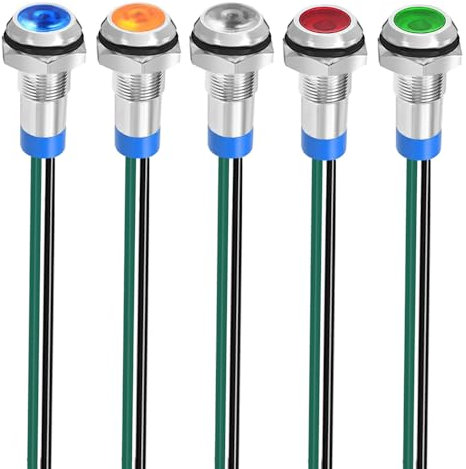 Gebildet 5 Stück 8mm 3V-4.5V-5V-6V-7.5V-9V LED Metall Kontrollleuchte Wasserdichte Signallampe Pilot Dash mit Draht (Rot/Orange/Blau/Grün/Weiß)
