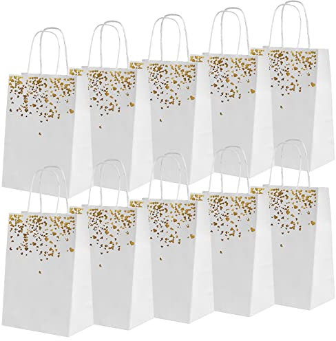 INHEMING 20 Geschenktüten aus Kraftpapier Papiertüten Weiß mit Henkel,Bronzing Kraft Tasche mit Herz Verzierung, Party Geschenk Tüten für Partys Geburtstag Hochzeit und Weihnachten