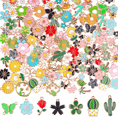 140 piezas Charms Surtido Esmalte Chapado, Kalolary 70 Estilos Colgantes Temática Flores Cactus Girasol Abalorio Abalorio Esmalte Chapado Oro Surtido para Pendientes Collar Pulsera Joyería Bricolaje