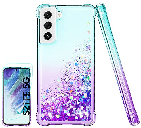 Kompatibel mit Samsung Galaxy S21 FE 5G Hülle,(Unzerstörbar Stoßfestigkeit) Handyhülle Transparent Flüssigkeit Glitzer Silikon TPU Mädchenhaft Frau Handyhülle, Hülle für Samsung S21 FE,Blaugrün/Lila