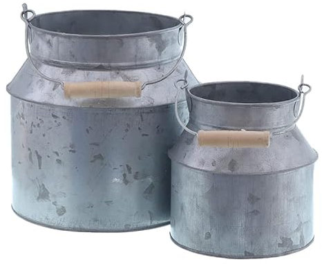 Spetebo Zink Deko Milchkanne 2er Set - 18/13 cm - 2 Stück Blumeneimer mit Henkel und Holzgriff - Pflanzen Kräuter Blumen Topf für Garten Balkon und Terrasse
