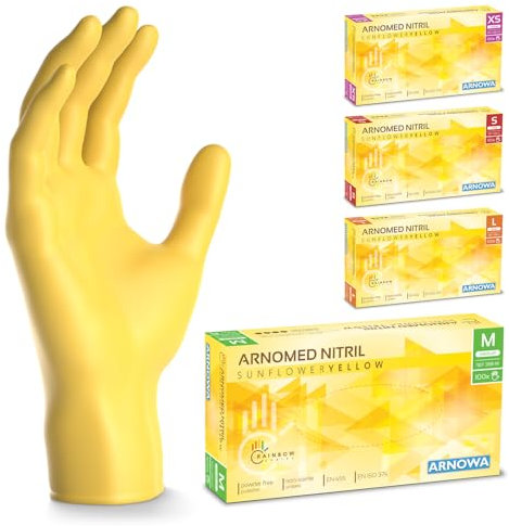ARNOMED gants jetables jaune, gants nitrile taille M, gant jetable avec 100 pièces/boîte, gants en nitrile non poudrés & sans latex, gants jetable cuisine, gants a usage unique en XS, S, M & L