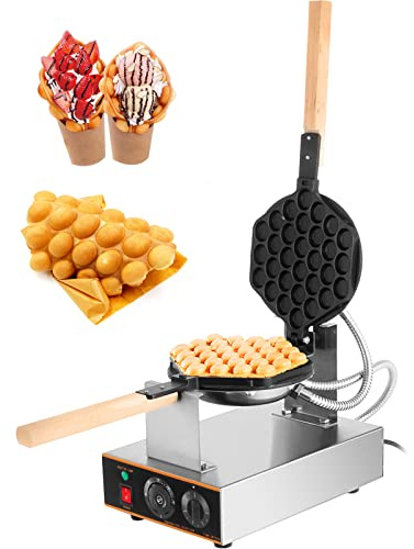 VEVOR Commercial Bubble Waffle Maker, 1400W Egg Bubble Puff Iron w/ 180° Rotatable 2 Pans & Wooden Handles, Stainless Steel Baker w/Non-Stick Teflon Coating, 50-250℃/122-482℉ Adjustable