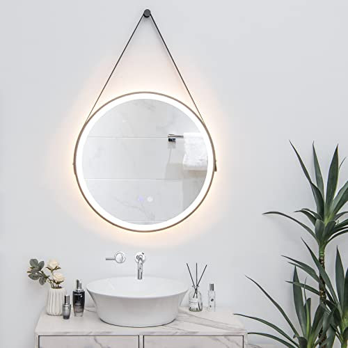 COSTWAY Badspiegel mit Anti-Beschlage Spiegelheizung, LED-Spiegel dimmbar, Badezimmerspiegel 3000K-6000K Wandspiegel (Ø60cm mit Seil)