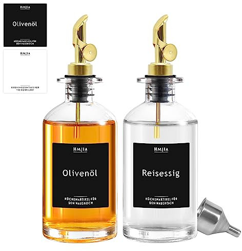 HMJIA Aceitera y Vinagrera con Pitorro de Acero Inoxidable 304 y Cristal Utensilio de Cocina Cooking Oil Dispensador Aceite de Oliva Recipiente Aceite 350ML 2 Piezas con 78 Pegatinas (Oro)