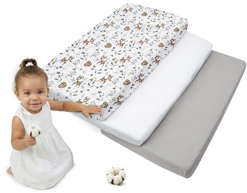 Medi Partners Spannbettlaken 60x120 3-Pack Baby Bettlaken Kinderbett Spannbetttuch 100% Baumwolle - Fitted Kinder Sheet Bettwäsche Babymatratze Schlafsack Babybett (REH-Weiß-Graue)
