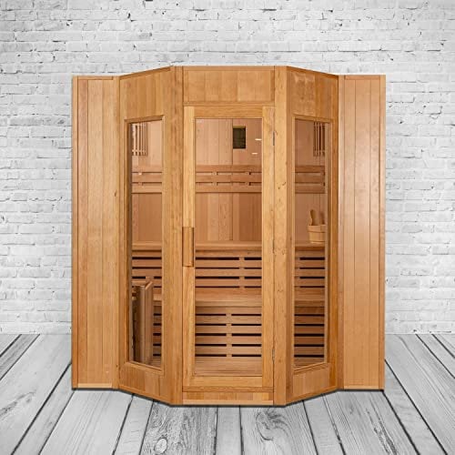 trends4cents PureHaven Finnische Sauna 175x200x200 cm Harvia Saunaofen für 4 Personen Hemlockholz komplettes Zubehör Saunasteine Glastür Thermometer Beleuchtung