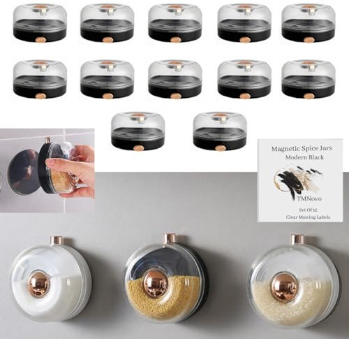 TMNOVO Magnetische Gewürzgläser für Kühlschrank | 12 leere mit Etikett Magnetisches Gewürzregal Gläsern Gewürzbehälter Etiketten Kunststoff