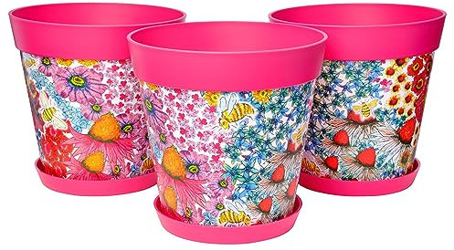 Hum Flowerpots set of 3 plastic, indoor/outdoor plant pots 25cm diameter and 3 saucers 19cm diameter (Pink Flowers & Bees)