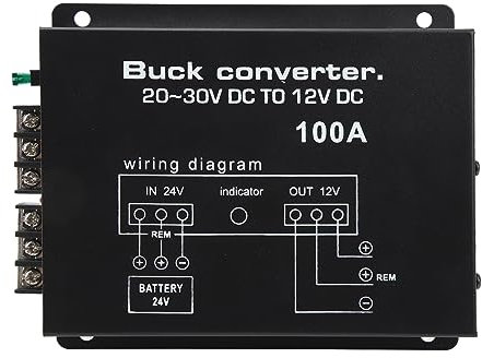 Convertisseur de Puissance de Voiture Noire, Convertisseur de Tension 100A Protection Contre la Surchauffe Haute Résistance Convertisseur DC 24V à 12V pour Réfrigérateurs de