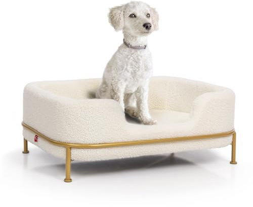 CanadianCat Company | Haustierbett Windsor - Design-Hundekörbchen, Hundebett für kleine Hunde | Teddy weiß-Gold | ca. 68 x 47,5 x 25,5 cm
