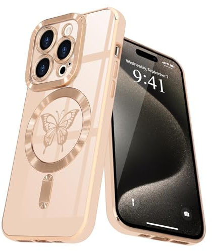 Lafunda für iPhone 15 Pro Hülle Glitzer Schmetterling Sakura rosa | Kompatibel mit MagSafe Magnetisch Handyhülle Kamera-Vorsprung Vergoldung Glitzer Mädchen Stoßfest Schutzhülle