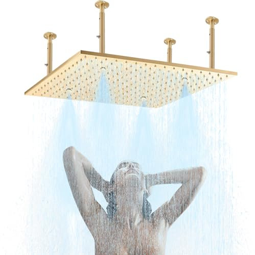 NPYSVSSS Luxuriöser Hochdruck-Regenduschkopf, 2 Funktionen, 40,6 cm, große Decke, Ganzkörper-Duschkopf mit Silikondüsen, Nebel-Duschkopf, gebürstetes Gold
