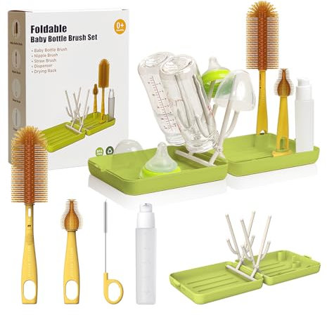 YOTIME Travel Bottle Brush Set, Travel Bottle Cleaner Kit with Foldable Bottle Drying Rack, for Visit Friends and Relations, Baby Travel Essentials, BPA Free - Green