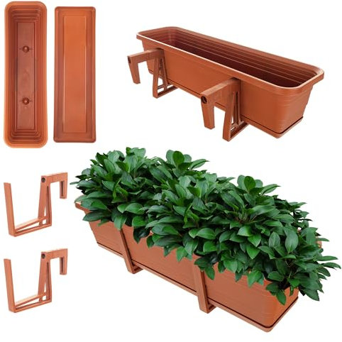KADAX Jardinière avec soucoupe, avec ou sans supports de jardinière, pot de balcon en plastique, bac à plantes, jardinière de balustrade, pot de fleurs (rouge brique, 60 cm + supports), K10023