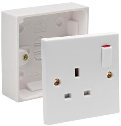 Single Switched Socket 1Gang 13Amps White Electrical Outlet - Compatible with Single 25/35/45mm Pattress Back Box Surface Mounted 1 Gang (2, SET with 25mm Box)