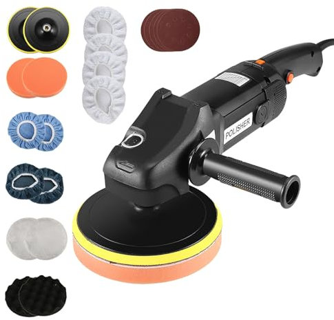 Poliermaschine 1400W Poliermaschine 8 Variable Geschwindigkeiten 600-3600rpm mit Polierpad 180mm D-Griff und Seitengriff zum Polieren von Auto, Glas (T2)