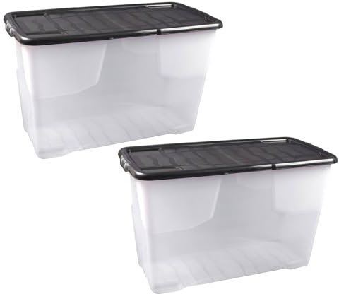 TENLITE 𝐏𝐚𝐜𝐤 𝐎𝐟 𝟐 - 100L Litre Curve Clear Plastic Storage Box with Black Lid | Organiser Box Stackable Nestable Container | Perfect For Home & Office (100 LITRE (Black Lid))