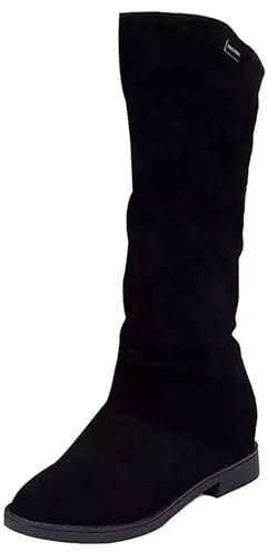 Stivali a metà polpaccio da donna, in tinta unita, senza lacci, stivali da donna con tacco basso, stivali vintage per taglie forti, stivali alti al ginocchio in pelle scamosciata foderati caldi da