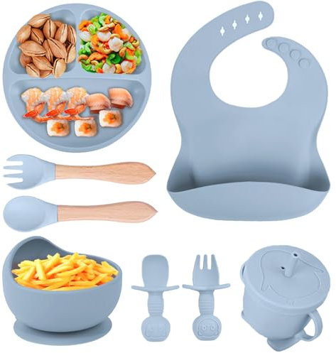 TTSTOIEE harnais bébé en silicone, plaque bébé Zbaby avec ventouse zhe 8 pièces BPA ensembles de vaisselle gratuits avec cuillère fourchette bol bol bol tasse de boisson tasse d'apprentissage (gris