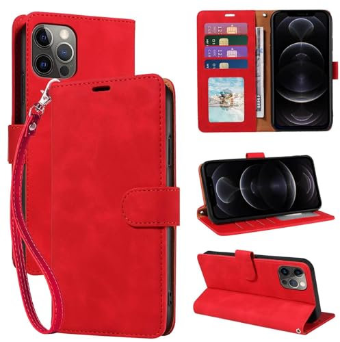 GOTOURED for iPhone 12/12 Pro Phone Case Wallet,Soft Leather Protective,4 Card Slots Holder RFID Blocking,Kickstand,Wrist Strap,Shockproof Folio Flip Cases Cover for iPhone 12/12 Pro (Red)