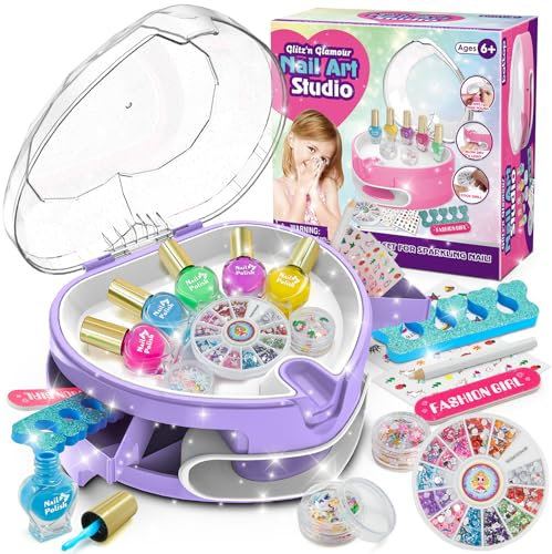 Dkinghome Girls Nail Art Kit Kids, Water Based Nail Polish for Girls Toys Age 6 7 8 9 10 11 12, Girl Nails Varnish Sets, Nails Salon Craft Kits for Girl Birthday Christmas Presents Gifts Purple