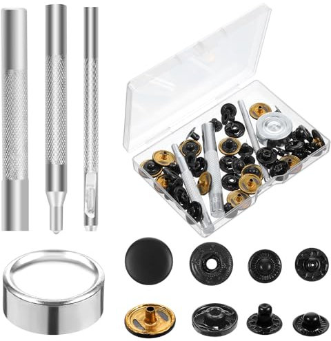 HJZHII Ruckknopf Set Mit Zange, Druckknöpfe Ohne Nähen 12 Sets Druckknopf Set mit 4 Fixierwerkzeug 15 mm Druckknöpfe Ohne Snap Button Edelstahl für Kleidung Jeans Leder Handtasche DIY Handwerk
