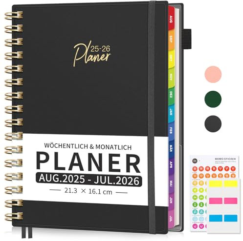 EMSHOI Kalender 2025 2026, Terminkalender 2025, Wochenplaner A5 Terminplaner mit 30-Min-Intervallen, Schulplaner Notizbuch für August 2025 bis Juli 2026 - Schwarz