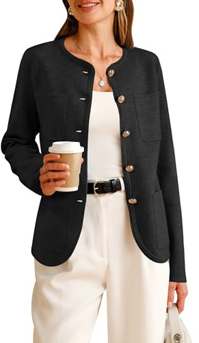 Arach&Cloz 2026 Fashion Sweater Blazers for Womens Long Sleeves Collarless Button Down Wool Cashmere Dressy Work Business Casual Clothes Spring Winter Trendy Cardigan Pockets Black M