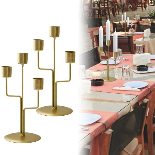 OdiuK Kerzenständer Gold, 2 Stück Kerzenhalter Stabkerze 3-Armig Metall Vintage Kerzenleuchter 23cm Hoch Stabkerzenhalter, Kerze Stand für Hochzeit Tisch Candle Light Dinner Jubiläum