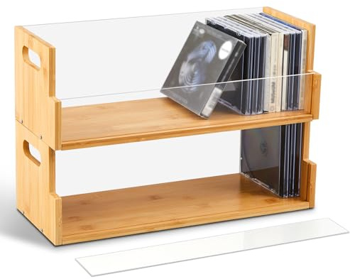 CroBlissful 2 Set Bamboo& Acrylic Cd Storage Organizers - Visible CD Display Holder Crate with Handle, Organizer Shelf for Video Game Cases, CDs, Each Set Can Store Up to 36 Pcs CDs