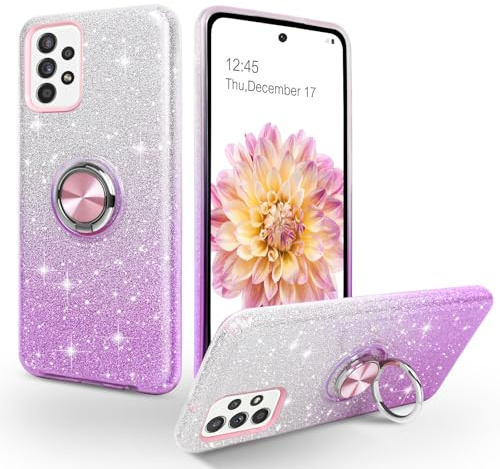 SouliGo Samsung Galaxy A52 Hülle Glitzer Handyhülle Silikon Case Cover mit 360 Grad Ring Halter Ständer stabil Kratzfest Hülle für Samsung Galaxy A52 Bling Violett