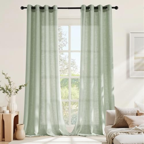 NICETOWN Grün Vorhänge Leinenoptik Boho Gardinen Halbtransparent mit Ösen | Graugrün, H245 x B140 cm, Halbdurchlässig, 2er Set, Leinen Gardine, Passend für Wohnzimmer und Schlafzimmer, Sichtschutz