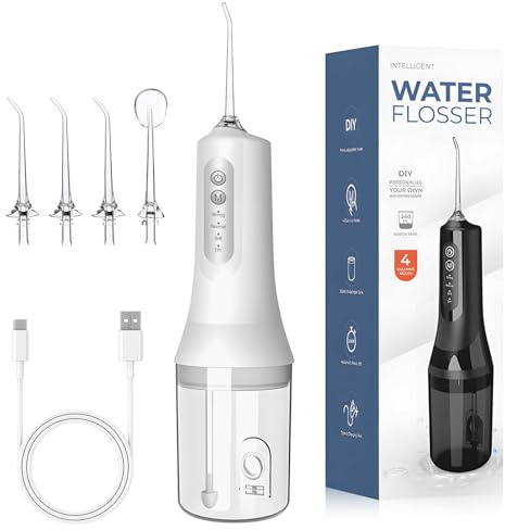 Anluomania Munddusche Kabellos, Elektrische Zahnreiniger IPX7 Wasserdicht, Zahndusche 4 Modi 4 Düsen, Water Flosser for Teeth Mit 260ML Wassertank, USB-C Laden, Mundduschen für Zähne und Zahnpflege