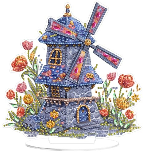 AIRDEA Bunter Windmühle Diamond Painting Tischdeko Erwachsene, DIY 5D Spezielle Form Stehend Tulpe Diamant Painting Bilder, Schreibtisch Deko Bastelset Erwachsene 8x8 inch