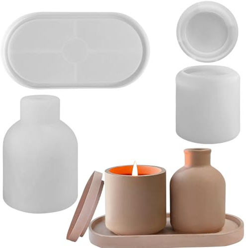 Lxoraziy Silikonform 3-teiliges Set für Vase, Tablett & Kerzenhalter, Wiederverwendbare Gießform aus Silikon für Beton, Harz, Wachs, DIY Kerzen, Deko & Geschenkideen(Einfacher Stil)