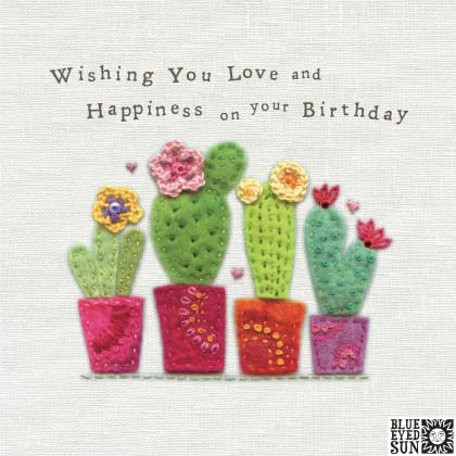 Blue Eyed Sun Birthday Card with Stitched-Effect Cactus Design, Premium Quality Greeting Card, Blank Inside with Envelope, Colourful Floral Theme